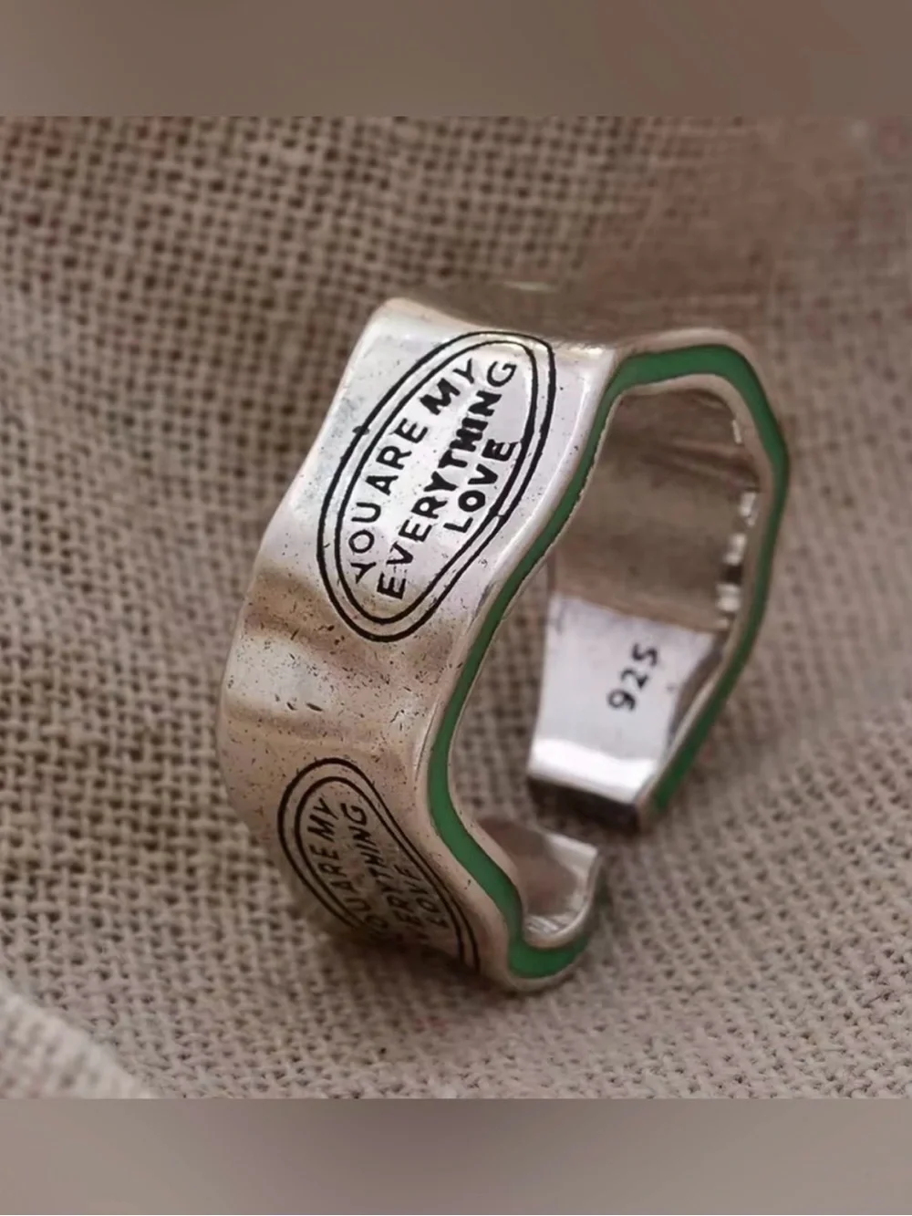 New Arrival Elegant Letter Carving Green Stripe Design Retro Thai Silver